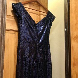 deep blue sequin floor-length ball gown with sweetheart neckline